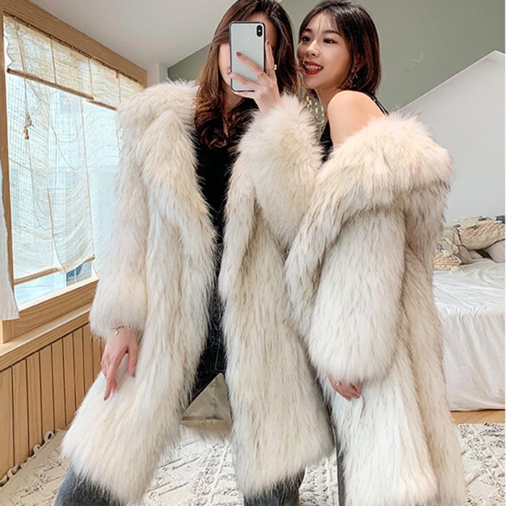 Women's New Raccoon Fur Jacket Women's Long Fox Hair Suit Collar Fur Coat Loose Casual Trench Coat