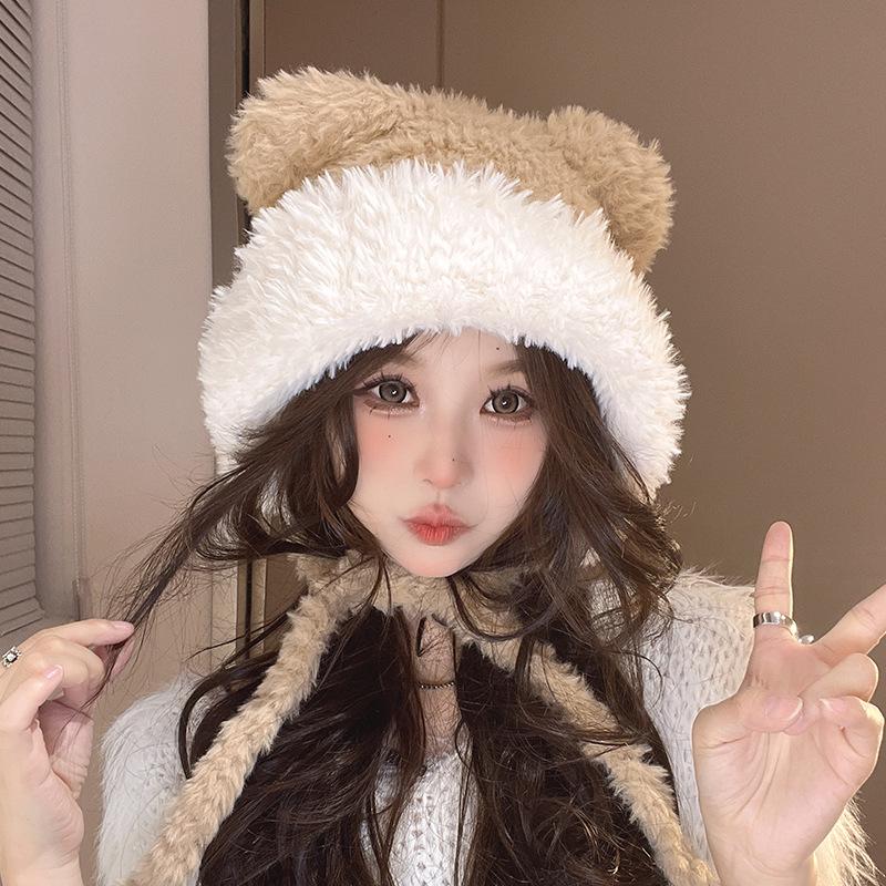 

Bear Cute Plush Edge Lace Korean Knitted Hat Women s Autumn and Winter Warm Ear Protection Woolen Hat New Style M（56-58cm）