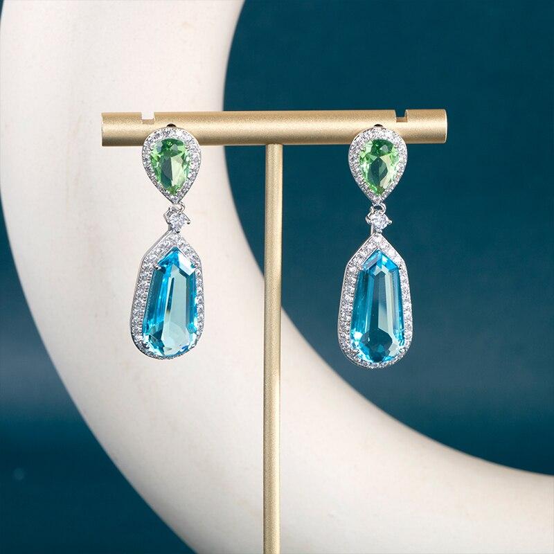 Orecchini Pendenti Goccia Zaffiro Blu E Zirconia Cubica - Lusso Donna Boho