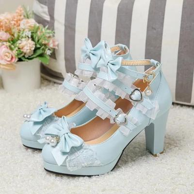 Korsrem Kvinnor Högklackar Mary Jane Pumps Fest Bröllop Cosplay Vit Rosa Svart Jordgubbsrosett Prinsessa Cosplay Lolita Skor