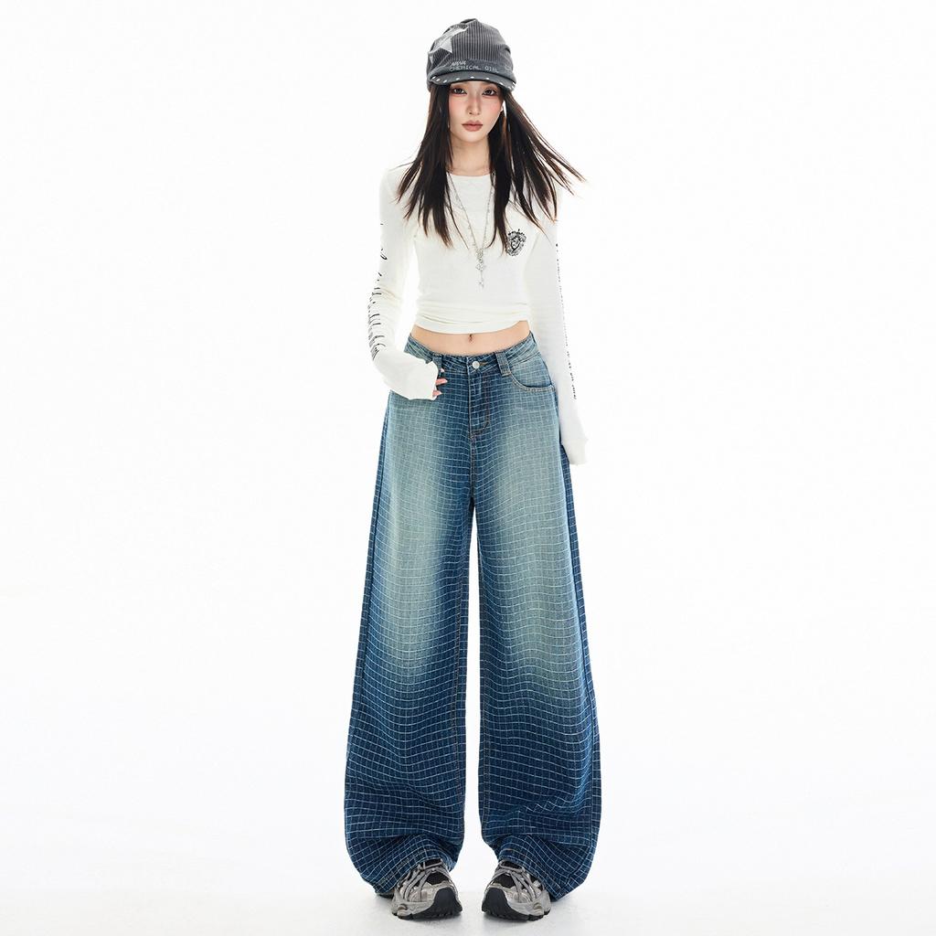 Embroidery plaid line loose washing water gradual change blue straight jeans new gradual change blue loose wide-leg pants