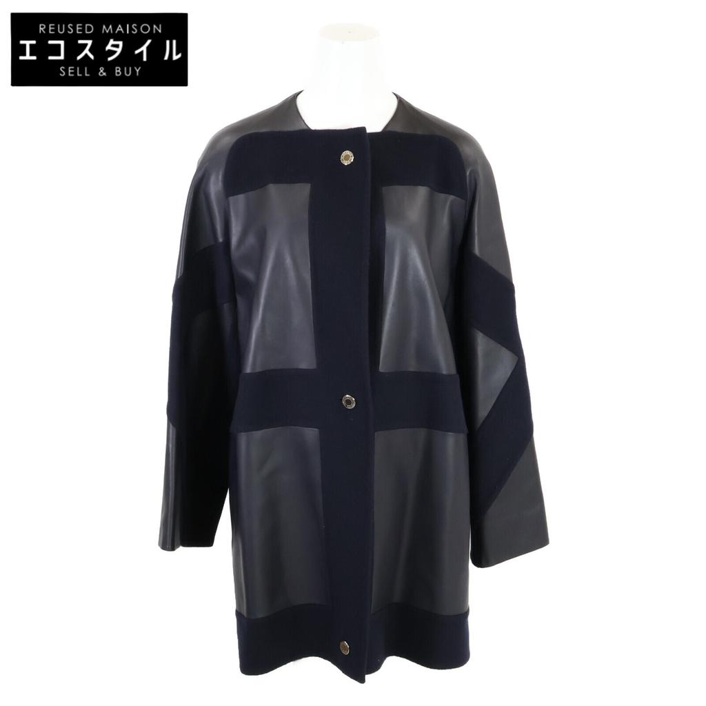 HERMES Beautiful item, genuine Japanese made, 16AW cashmere x lamb leather, serie button collarless jacket coat 34 Dark navy x blackUsed
