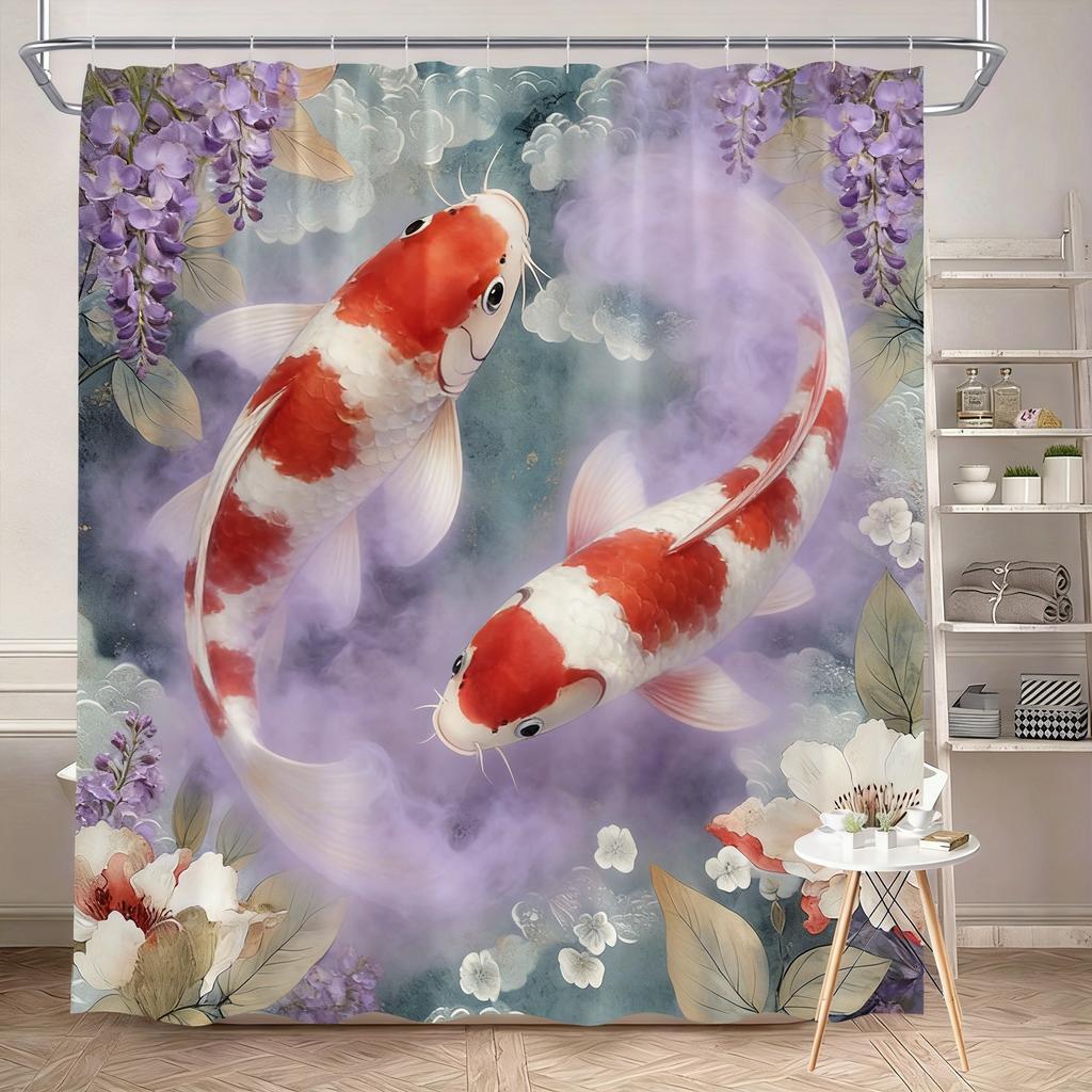 Luxury Golden Koi Fish with Cherry Blossoms Waterproof Shower Curtain for Feng Shui Bathroom Decor