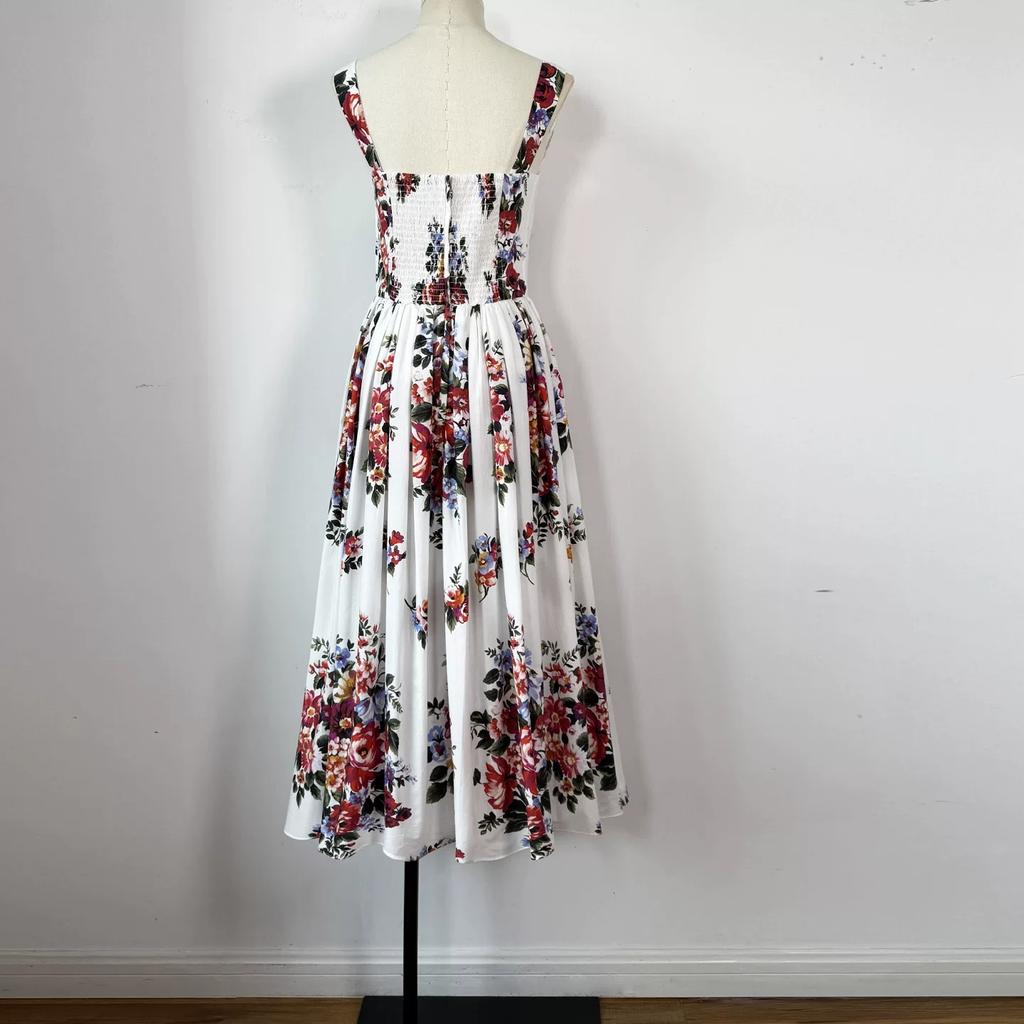 New Summer Holiday Elastic Floral Print Long Dress Women's Spaghetti Strap Cup Padded Backless A-Line Boho Midi Dress