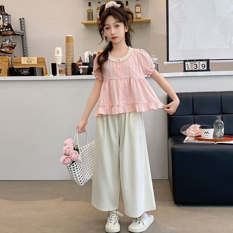 Big Girl Summer Casual Suit Korean Fashion Slim Fit Little Girl Short Sleeved Wide Leg Pants Two-piece Set