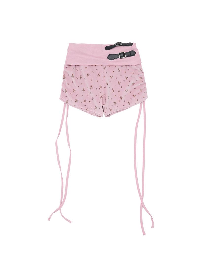 NO EXTRA TOUCH Velvet Shirred Belted Micro Shorts (Pink) / 26Smsp002Pi