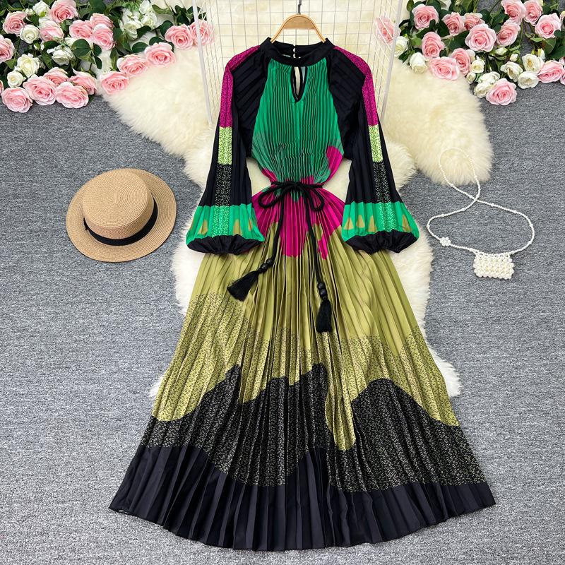 

YYFS Женская мода весна осень цветочный узор принт длинный рукав О-образный вырез высокая талия повседневные платья One size