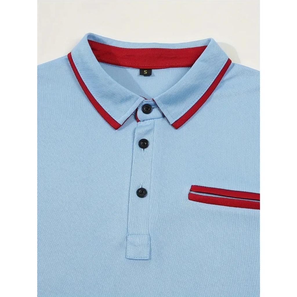 Fashion Men's Summer New Chest Fake Pockets Splicing Colour Blocking Casual Sports Polo Shirt Tops