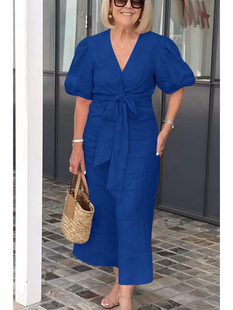 Women's Spring Summer Art Deco-inspired Vintage V-neck Lace-up Puff-Sleeve Cotton A-line Solid-Colour Dress