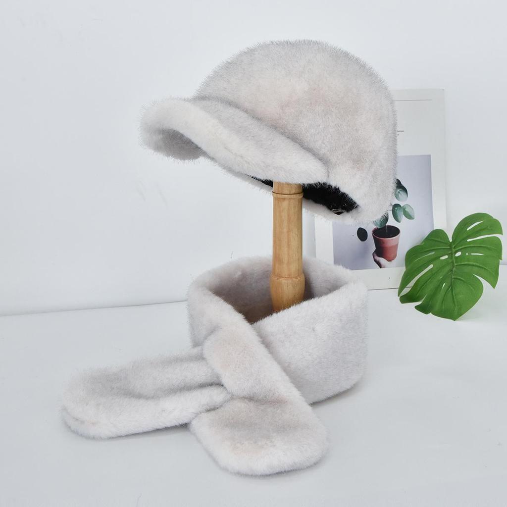 Autumn Winter Women's Faux Mink Fur Baseball Cap, Faux Fur Warm Hat Scarf Set 2Pcs, Outdoor Travel Lady Cap & Scarf Combo
