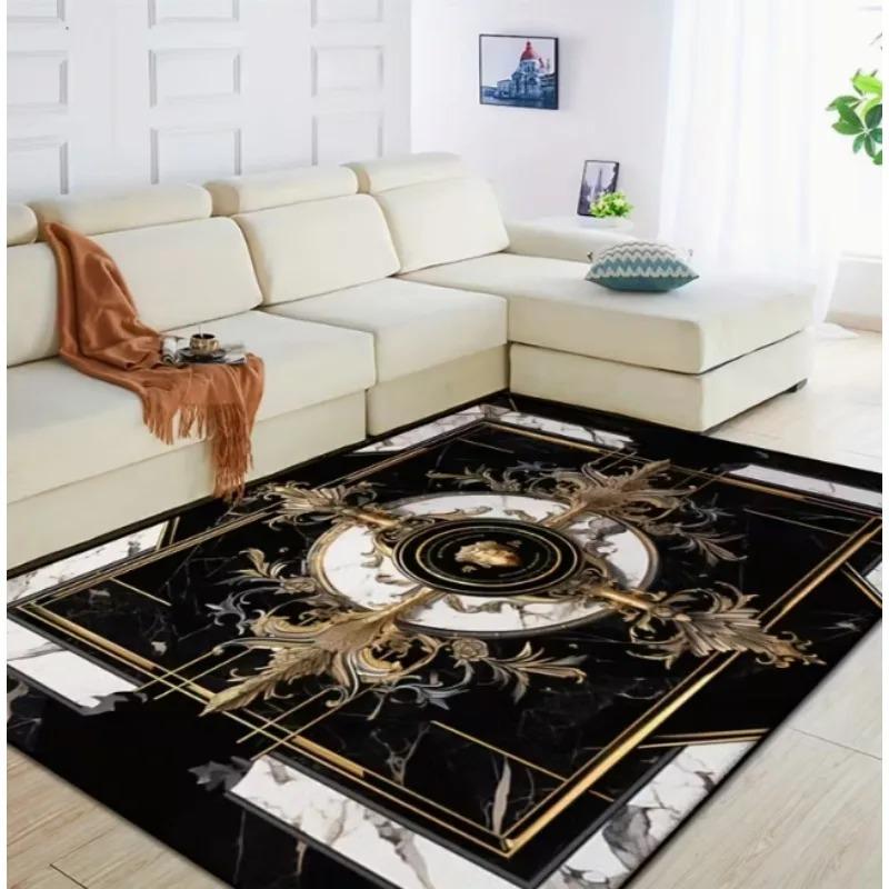 Luxury Black Marble Area Carpet Office Bedroom White and Gold Border Design Suitable for Modern Living Spaces, Bedroom Carpet