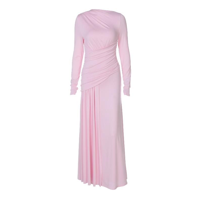 Women's Summer New Product Fashion Temperament Slim Pleated Zipper Crew Neck Long-sleeved Dress