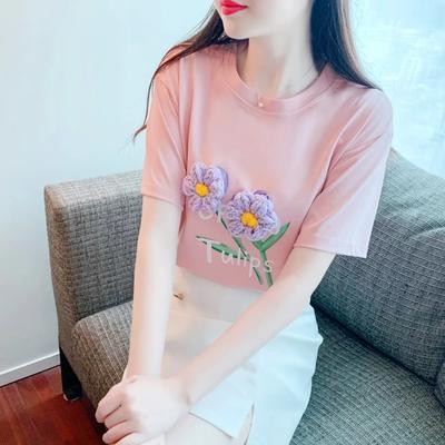 Three-dimensional Flower Right Shoulder Pure Cotton Short-sleeved T-shirt for Women Summer New Fashion Slimming Age-reducing Western Style Top