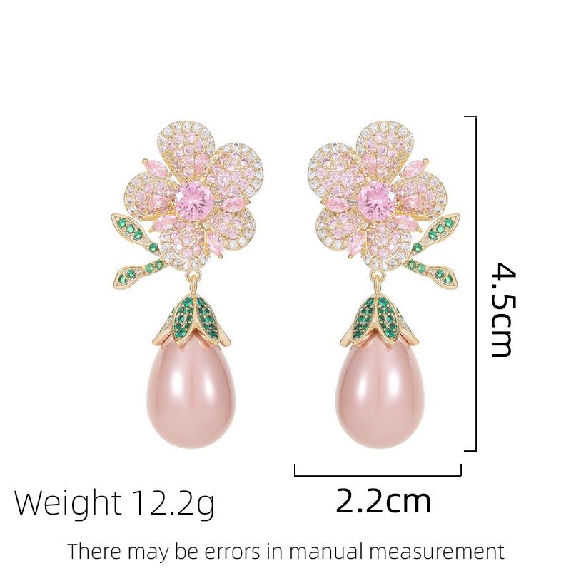 French Retro Niche Elegant Temperament Earrings With Water Droplet Shape Simulation Pearl Zircon Flower Earrings