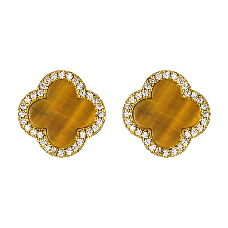 Jewelry Set Earrings Necklace Bracelet New Accessories Four Leaf Clover Natural Tiger Eye Stone Light Luxury Women's