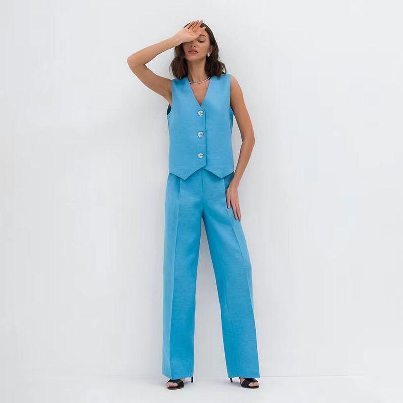 

Fashion Summer Casual Stylish Sleeveless Vest Pants Plaid Two-piece Set Tank Top and Pants Set Blue S