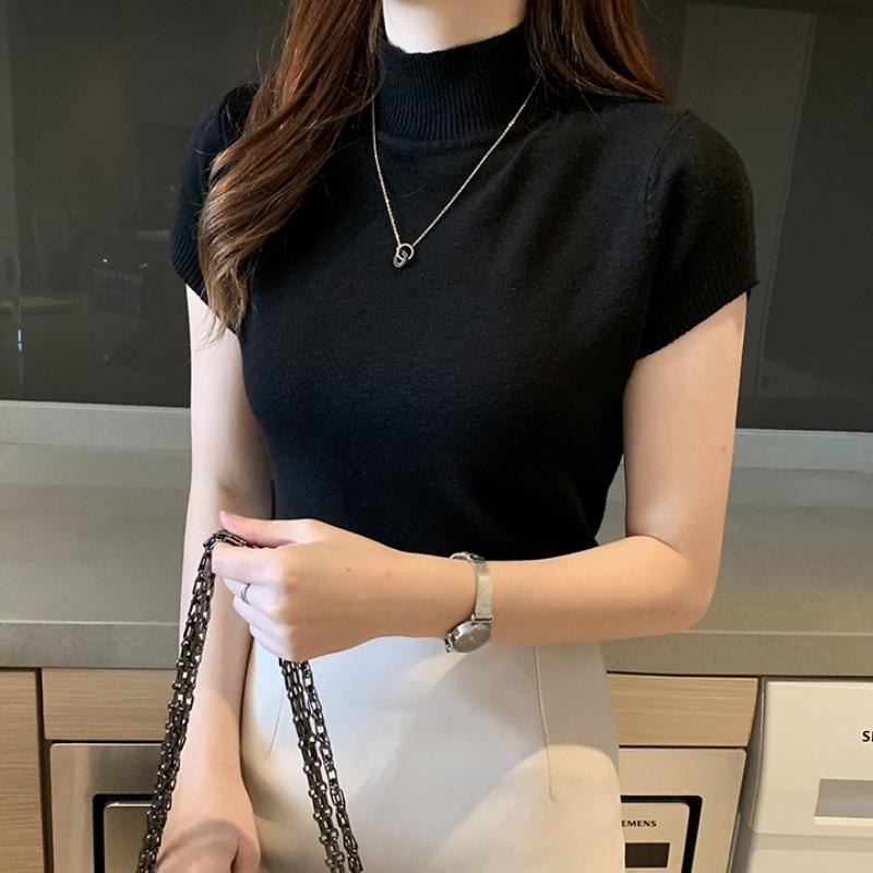 Halbhohes T-Shirt Damenmode Pullover Lässige Oberteile Koreanischer Stil Elegante Unifarbene Kleidung Frühjahrs- und Sommersaison