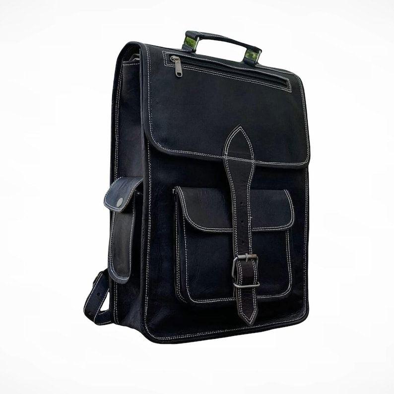 Handgefertigter schwarzer Leder-Laptop-Rucksack: Unisex Umhängetasche für Reisen