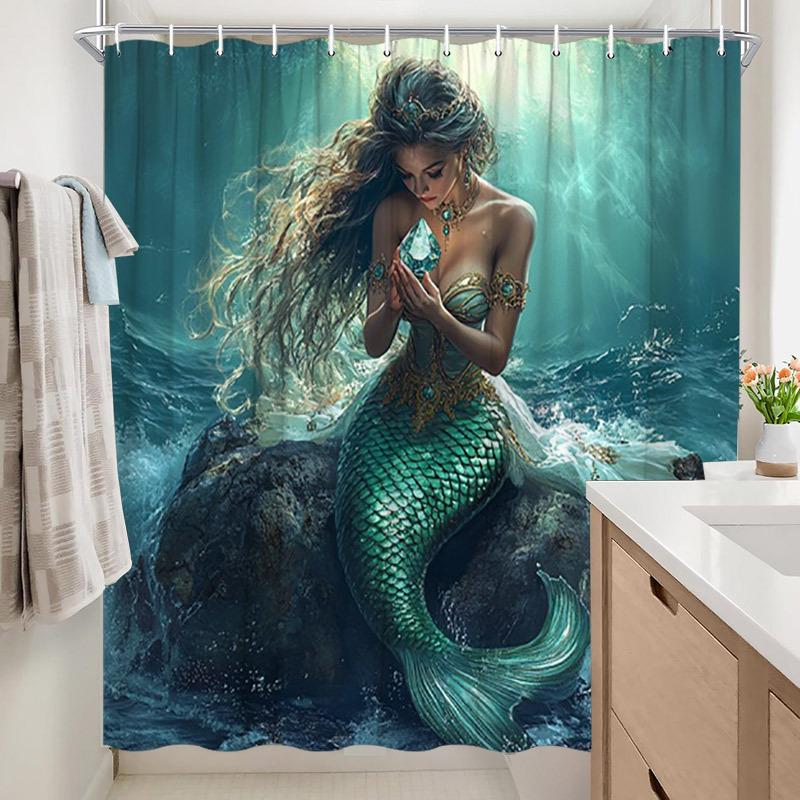 1ks Zlatý ocas mořské panny Podvodní sprchový závěs - Magická koupelnová dekorace, Polyester, Pratelný, 70,8x70,8 palce, Sušit na šňůře, n