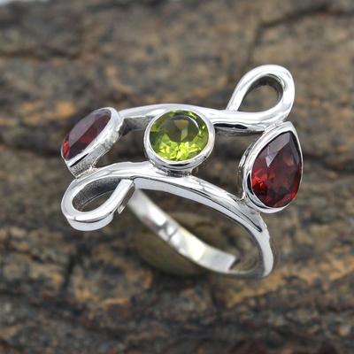 Garnet Peridot Gemstone 925 Sterling Silver Jewelry Statement Ring Handmade Ring