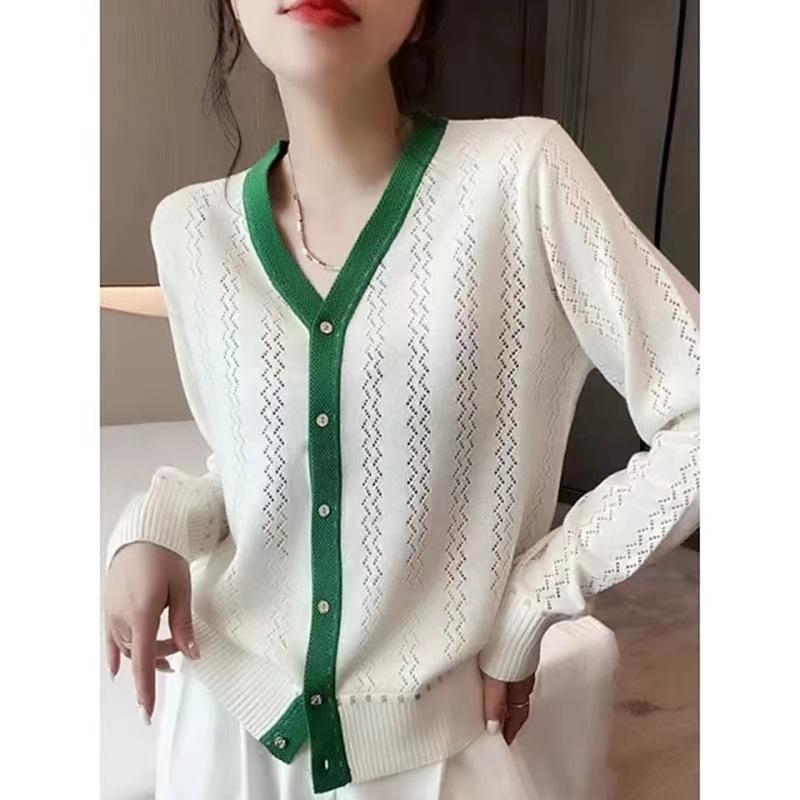 

Весенне-осенний женский трикотаж с V-образным вырезом, вязаный кардиган, темпераментный волнистый узор, полый ретро, свободный тонкий топ One Size белый