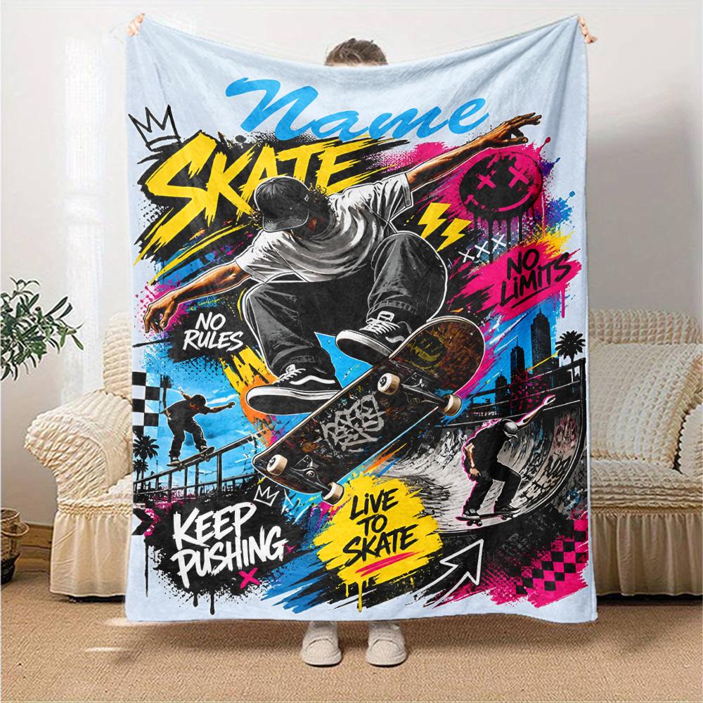 Custom Name skateboard Theme Printed Blanket - Perfect for Couch, Bed, Travel & Outdoor Use | Machine Washable, Cozy & Durable.
