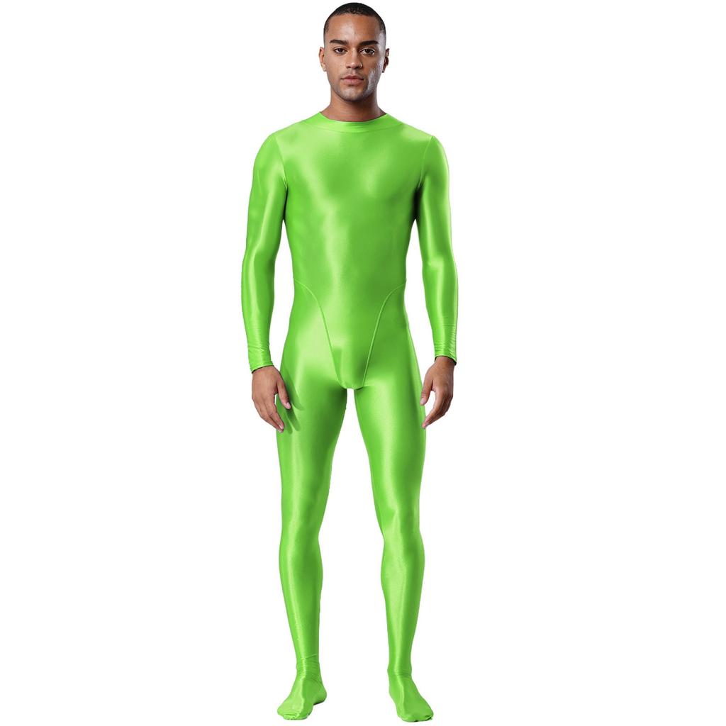 Pánský průhledný body s rolákem, dlouhým rukávem, s chodidly, jednodílný overal, lesklý, klubový, oblečení na spaní