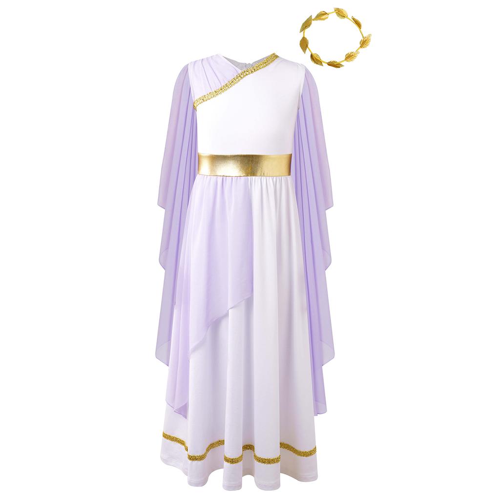 Girls Halloween Greek Beauty Costumes Gold Leaves Garland Headwear Chiffon Cap Sleeve Ancient Toga Dress
