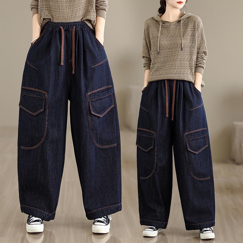 

DIMANAF 2025 New Autumn Women Jeans Elastic Waist Denim Pants Loose Trousers Big Size Casual Blue Cotton 2XL