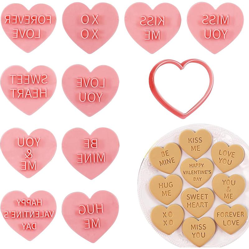 

10Pcs Valentines Day Cookie Mold Love Heart Shape Biscuit Fondant Embosser Stamp for Wedding Party Cake Decorating Baking Tools