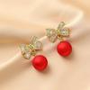 S925 Silver Needle Luxury Christmas Earrings with Red Pearl & Diamond, European & American Style