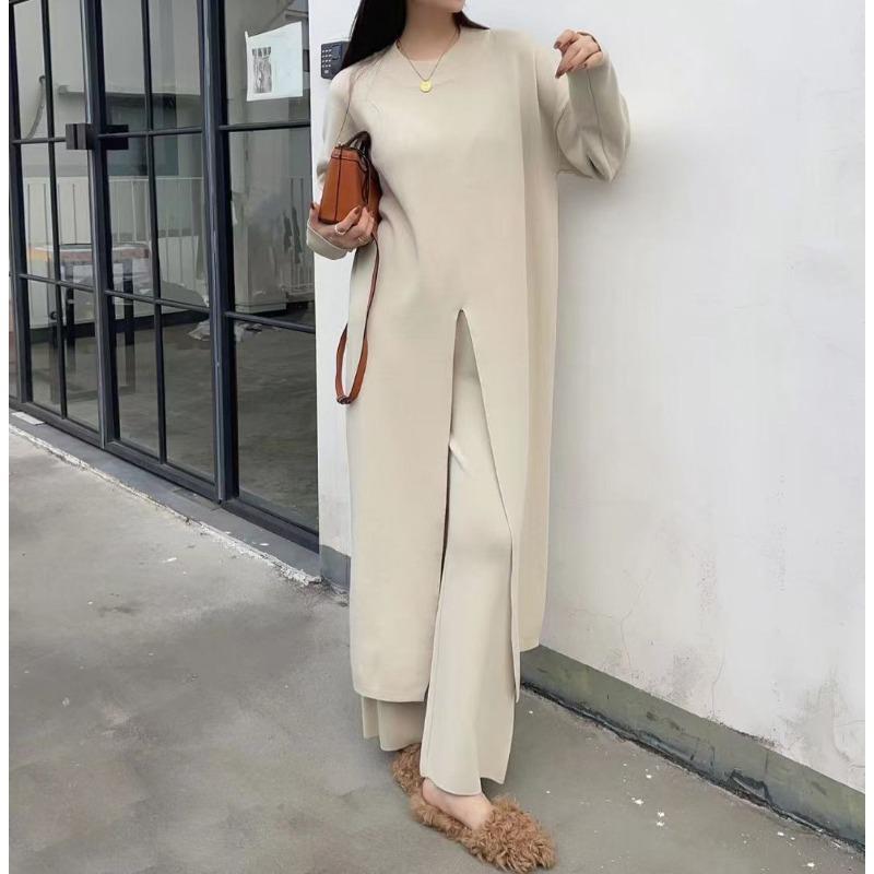 Lazy large size split two-piece sweater autumn and winter new wide-leg pants medium and long pullover knitted sweater set