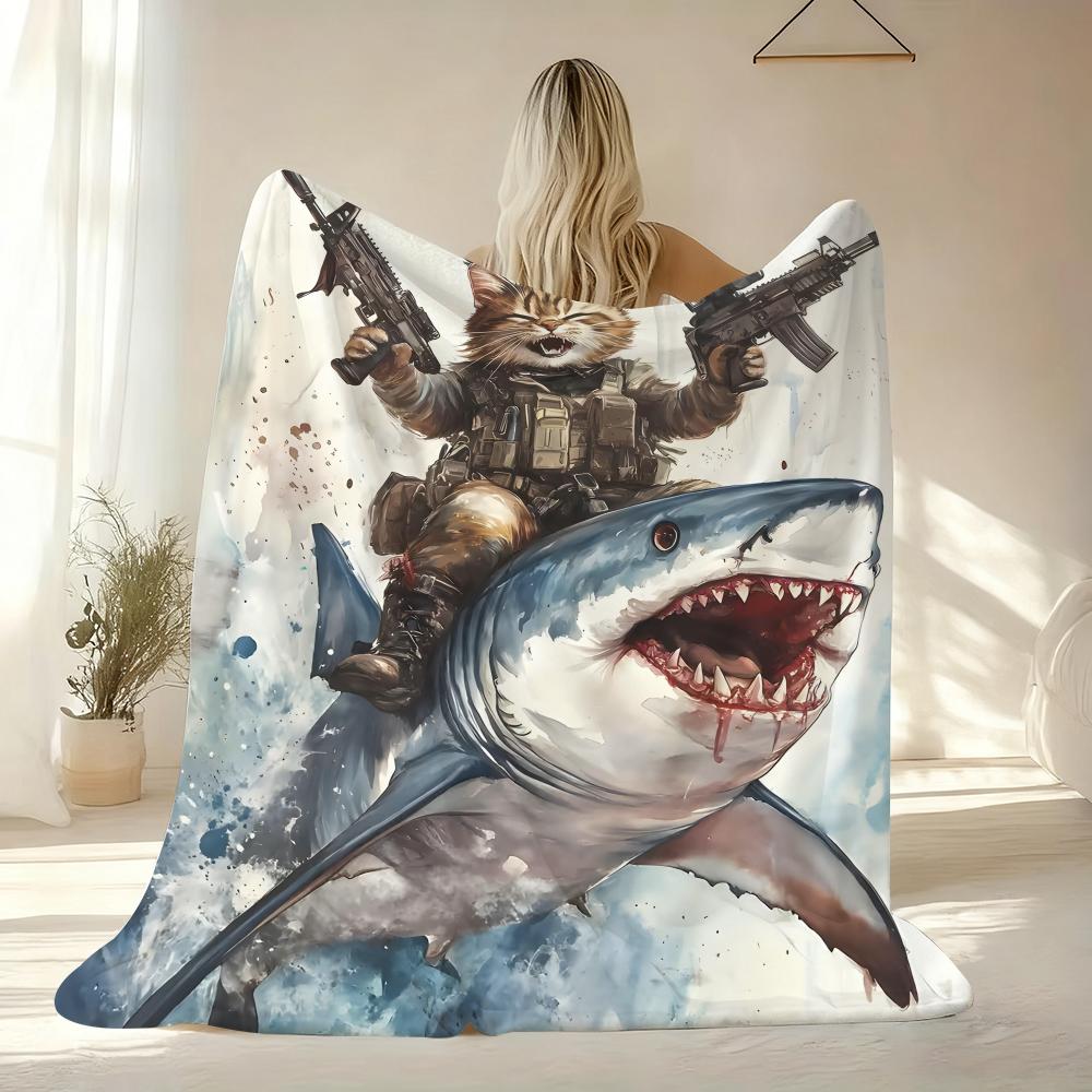 Cat Riding a Shark Throw Soft Flannel AC Blanket Lightweight Summer Nap Throw Cozy  Blanket for Sofa Bed Travel Home