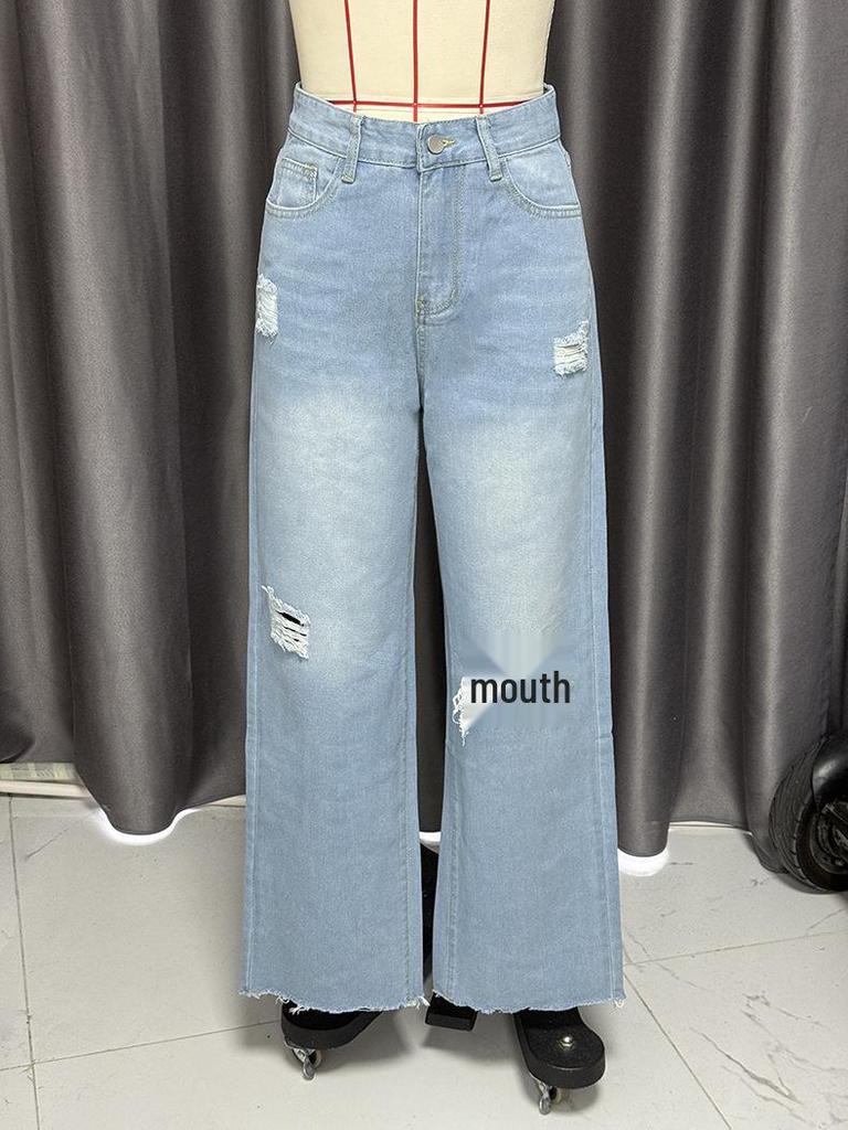 2025 Summer High Waist Ripped Jeans: Women's European & American Street Style, Loose Straight Wide-Leg Pants