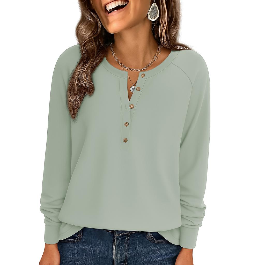 Women Long Sleeve Shirts Fall Clothes Casual Button Up V Neck Tunic Tops Loose Basic Tee