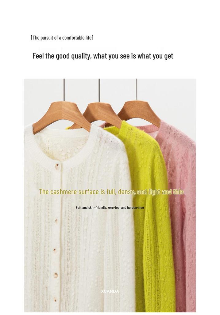 Women's Cashmere Silk Cable Knit Cardigan - Round Neck, Solid Color, Warm Mulberry Silk Sweater.