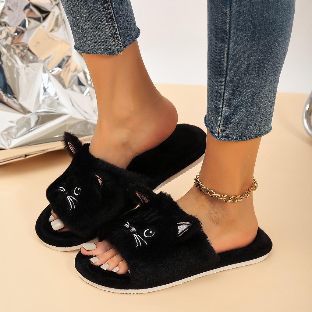 Casual Fluffy Slippers Women Home Flat Cat Cartoon Luxury Designer Shoes Girls Autumn Elegant Indoor Fashion Footwear Large Size