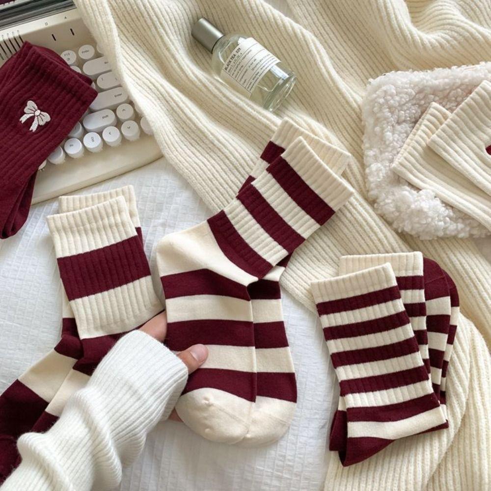 Red Bow Female Elastic Striped Socks Knitted Middle Tube Socks Snow Boot Socks  Christmas Gift