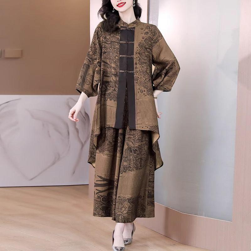 Lady's Spring 2025 Plus Size Retro Two-Piece: Irregular Top & Wide-Leg Pants Set