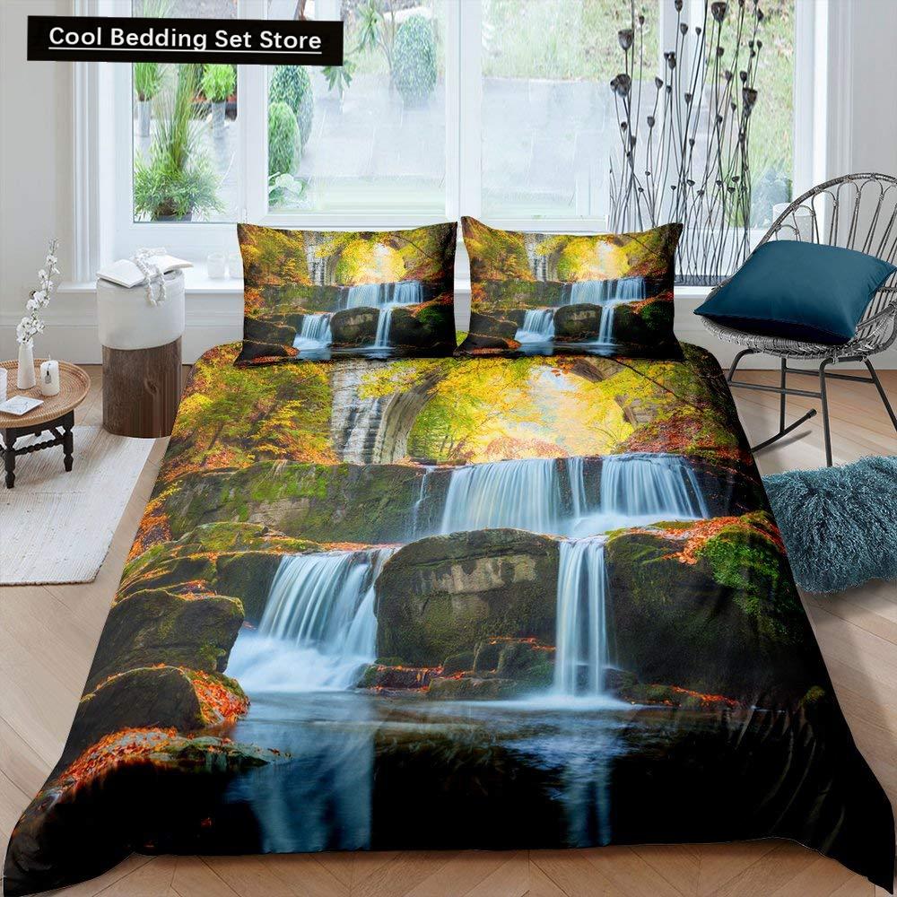 Waterfall king Queen Duvet Cover Floral Trees Bedding Set Natural landscape quilt cover Purple Dream polyester Comforter Cover