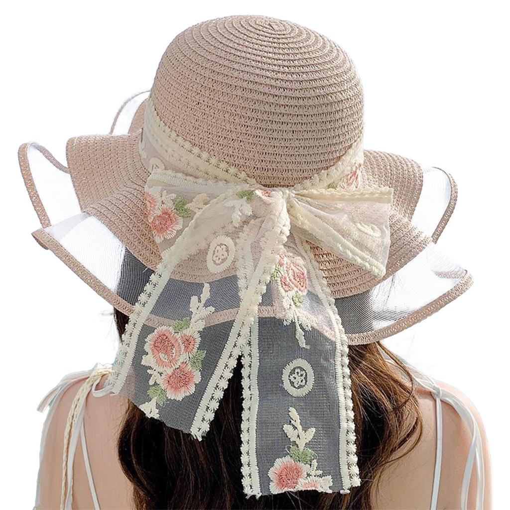 Summer Beach Straw Sun Hat Breathable Sun Hat Travel Wide Brim Summer Straw Hats with Ribbon for Outdoor Sports Hiking Travel