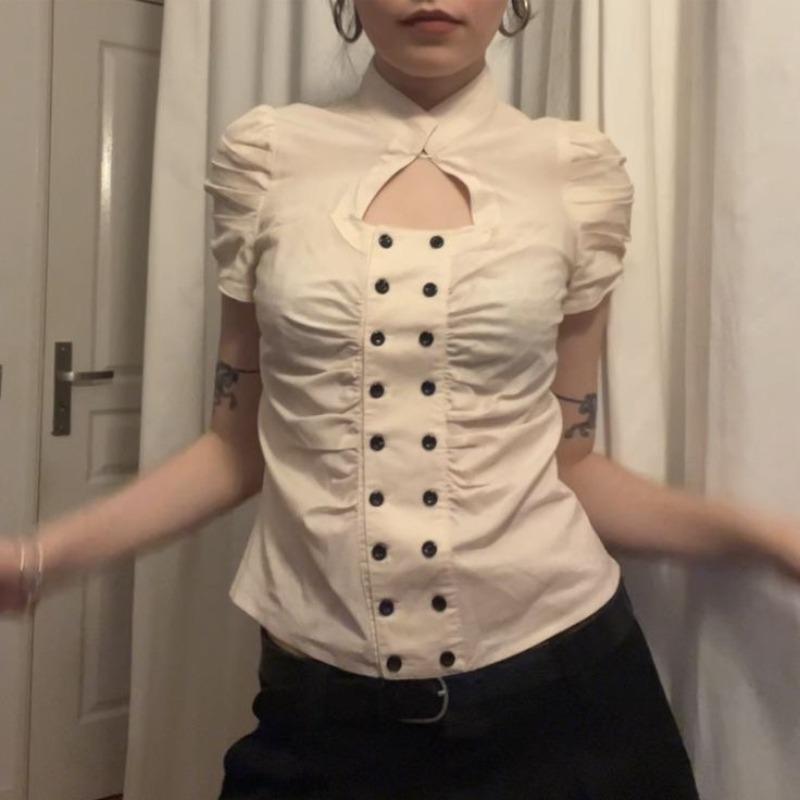 ROADVIBE Chemise japonaise rétro noire neuve à col en V pour femmes Harajuku Goth grande taille ajustée à la taille et amincissante top fashion