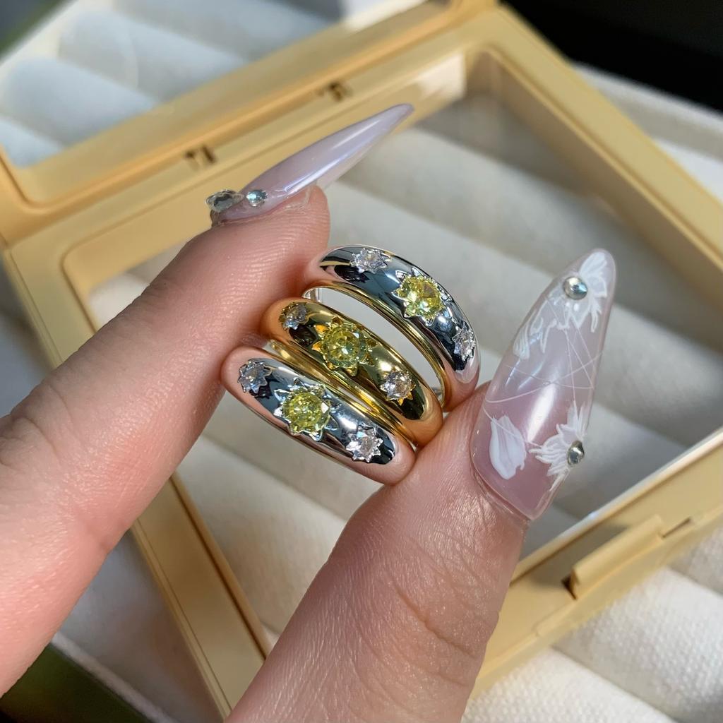Medieval Style Pillow-Shaped Star Yellow Diamond Ring Women'S Niche Design Light-Sensitive Surface Octagram Ring Opening Ins Temperament