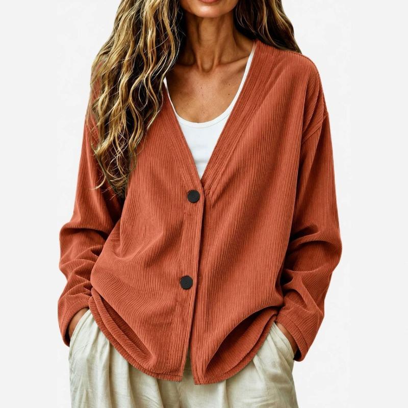 Women S Corduroy V Neck Cardigan Long Sleeve Two Button Solid Casual Outerwear