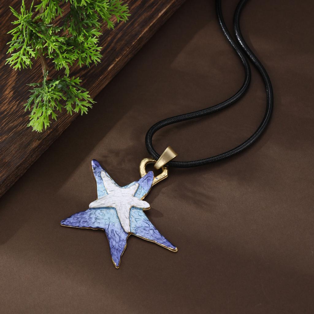 New Gradual Change Enamel Color Pentagram Leather Rope Long Pendant Women's High Sense Star Long Necklace