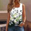 Women's Pleated Square Neck Sleeveless Tank Top Plant Print T-Shirt