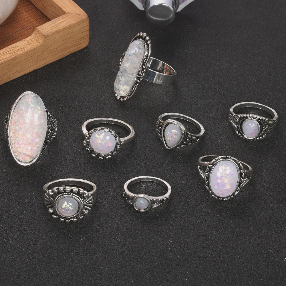 Retro Geometrisches Opal-Stil 8-teiliges Ring-Set