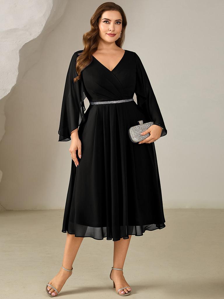 Ever-Pretty Women's Plus Size 3/4 Ruffle Bell Sleeve Deep V-Neck A-Line Midi Wedding Guest Dresses