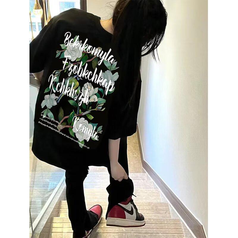 Harajuku Style Green Ink Print Loose Casual Short Sleeve T-shirt for Women