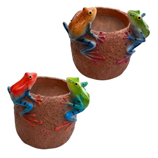 2 Pcs Planter with 2 Frogs on Rim Funny Frog Resin Flower Pot for Indoor Plants Small Decorative Desk Cactus Pot for Home Office Garden Decor